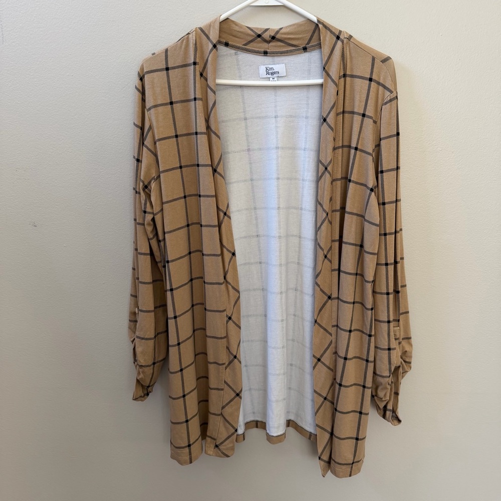 Tan and Black Plaid Cardigan Sweater, Sz M